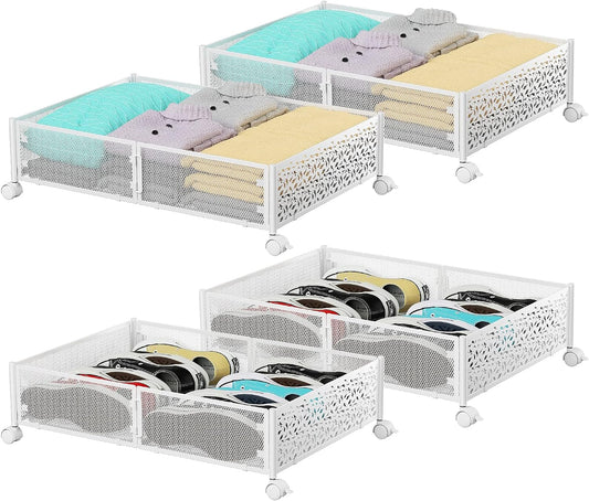 Flycity 4 Pack Foldable Under Bed Storage, Under the Bed Storage Containers with Wheels, Storage Organizer Bins for Bedroom Clothes Shoes Blankets - White