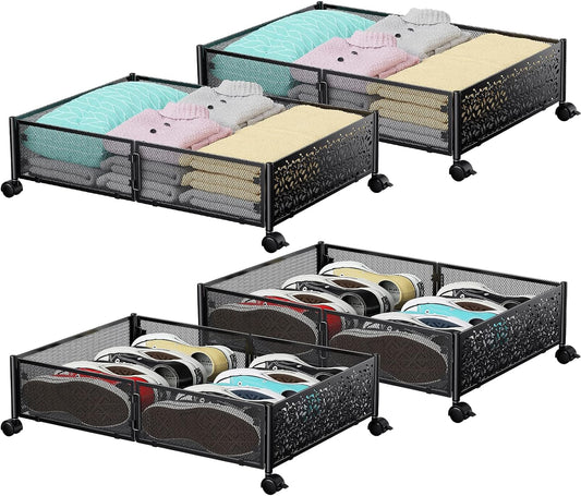 Flycity 4 Pack Foldable Under Bed Storage, Under the Bed Storage Containers with Wheels, Storage Organizer Bins for Bedroom Clothes Shoes Blankets - Black