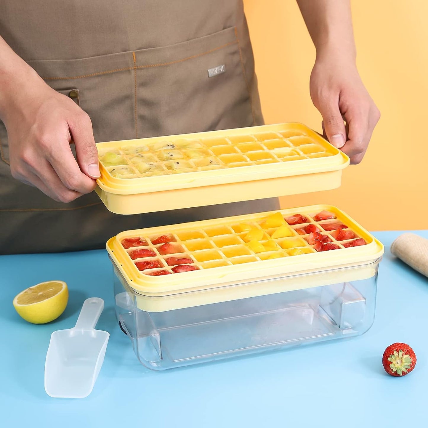 KINGTACK Ice Cube Tray, Ice Trays for Freezer, Ice Cube Tray With Lid and Bin, Making 64 pcs Ice Cubes, Chilling Cocktail, Whiskey, Coffee, with 2 trays, Ice Container, Scoop&Cover, BPA Free, Yellow