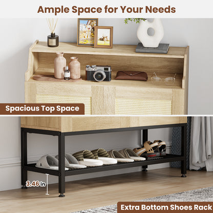 Flycity Rattan Shoe Cabinet with Doors, 7-Tier Shoe Rack Organizer Cabinet with Adjustable Shelves & Buffer Hinge, Freestanding Storage with Anti-Tip Fitting for Entryway, Hallway