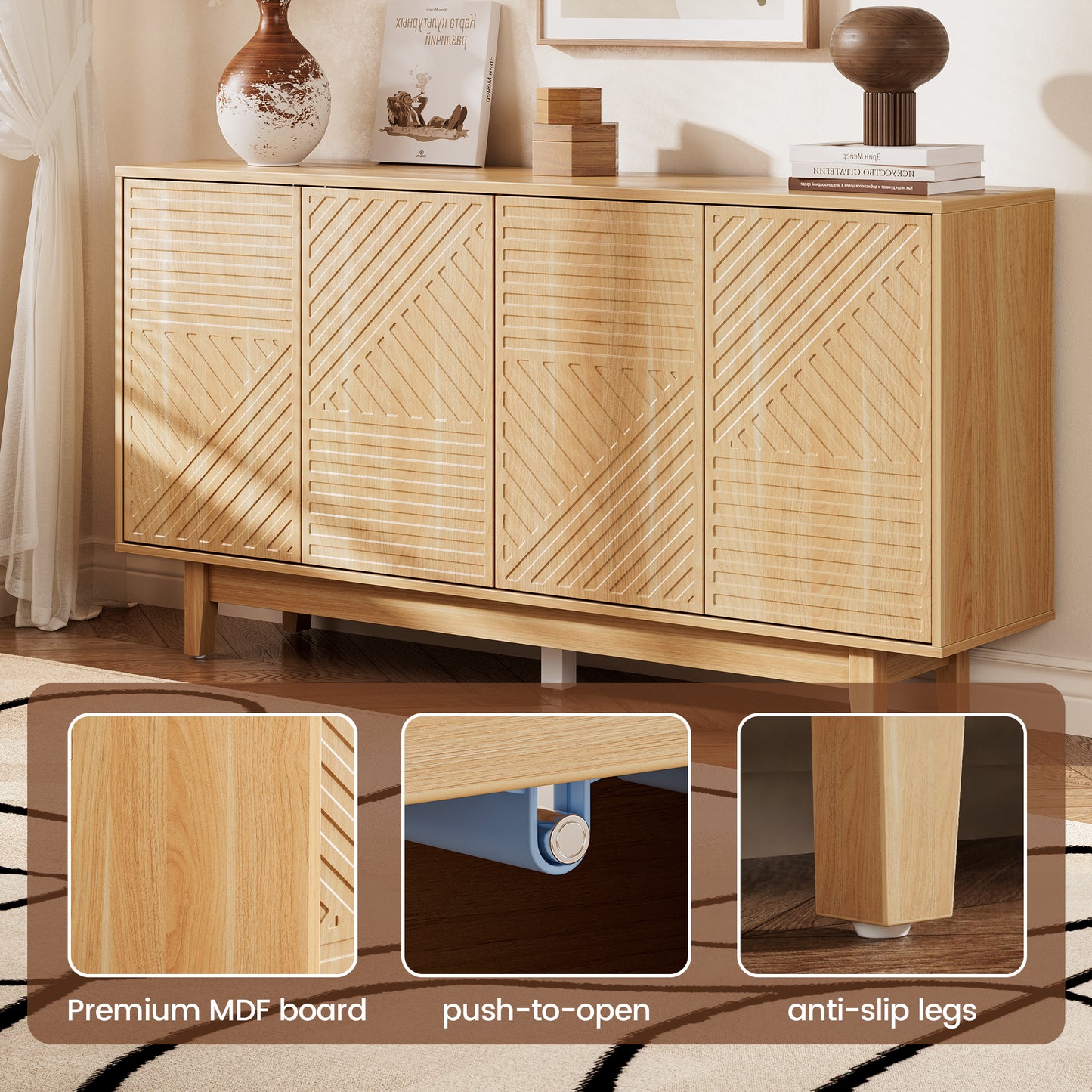 Flycity Sideboard Buffet Cabinet with Storage, 60" Modern Storage Cabinet with 4 Doors & Adjustable Shelves, Wood Console Table Accent Cabinet with Geometric Pattern for Kitchen, Living Room, Hallway