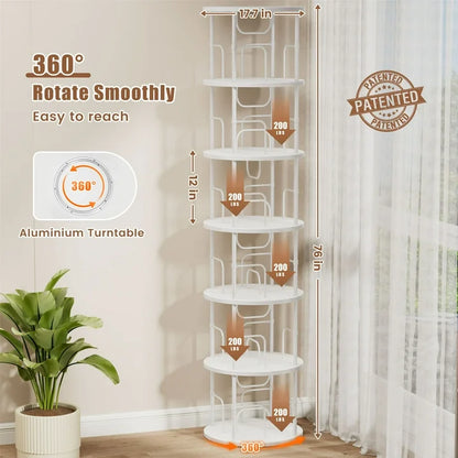 Flycity 6 Tier Rotating Bookshelf, 360° Display Rotating Bookcase Corner Storage Rack with Special Visible Partition Storage, White
