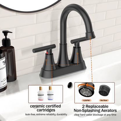 KINGTACK Bathroom Faucets 4 Inch Matte Black Bathroom Sink Faucet, Stainless Steel Lead-Free 2-Handle Centerset Faucet with Pop-up Drain and 2 Supply Hoses Fits 2 or 3-hole Sink