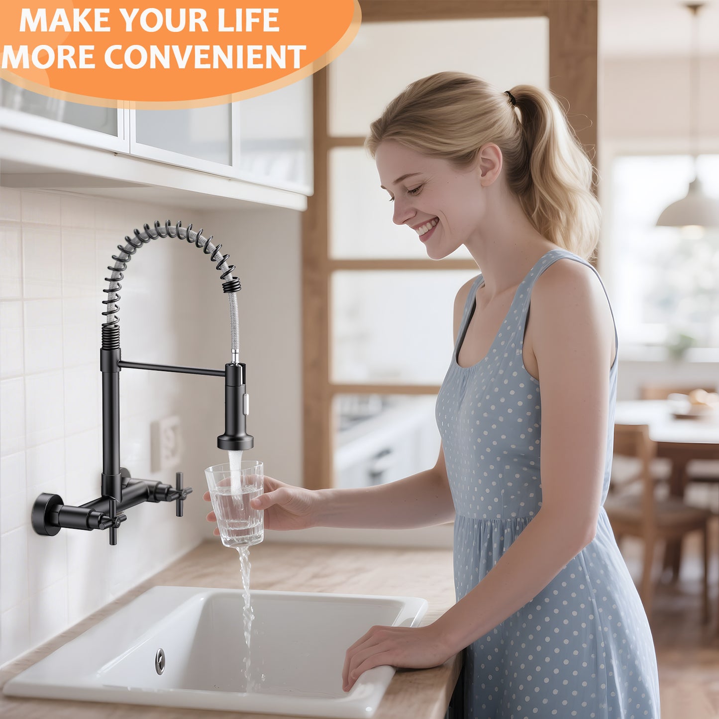 KINGTACK Wall Mount Kitchen Faucet,8 inch Commercial Sink Faucet with Sprayer, Dual Handles Utility Sink Faucet for Kitchen Laundry Restaurant, Matte Black