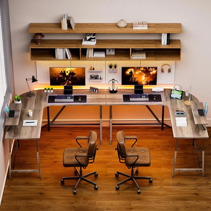 Flyicty 55'' L Shaped Gaming Desk, Ergonomic Corner Desk with Monitor Stand, Computer Desk for Home Office Study Writing Workstation, Large Computer Table PC Desk, Grey Oak