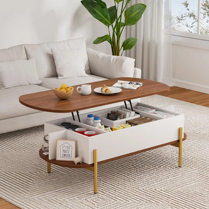 Flycity 48" Oval Lift Top Coffee Table with Storage Metal Legs & Large Hidden Compartment, Coffee Table with Lifting Top with Open Shelf for Living Room, White & Brown
