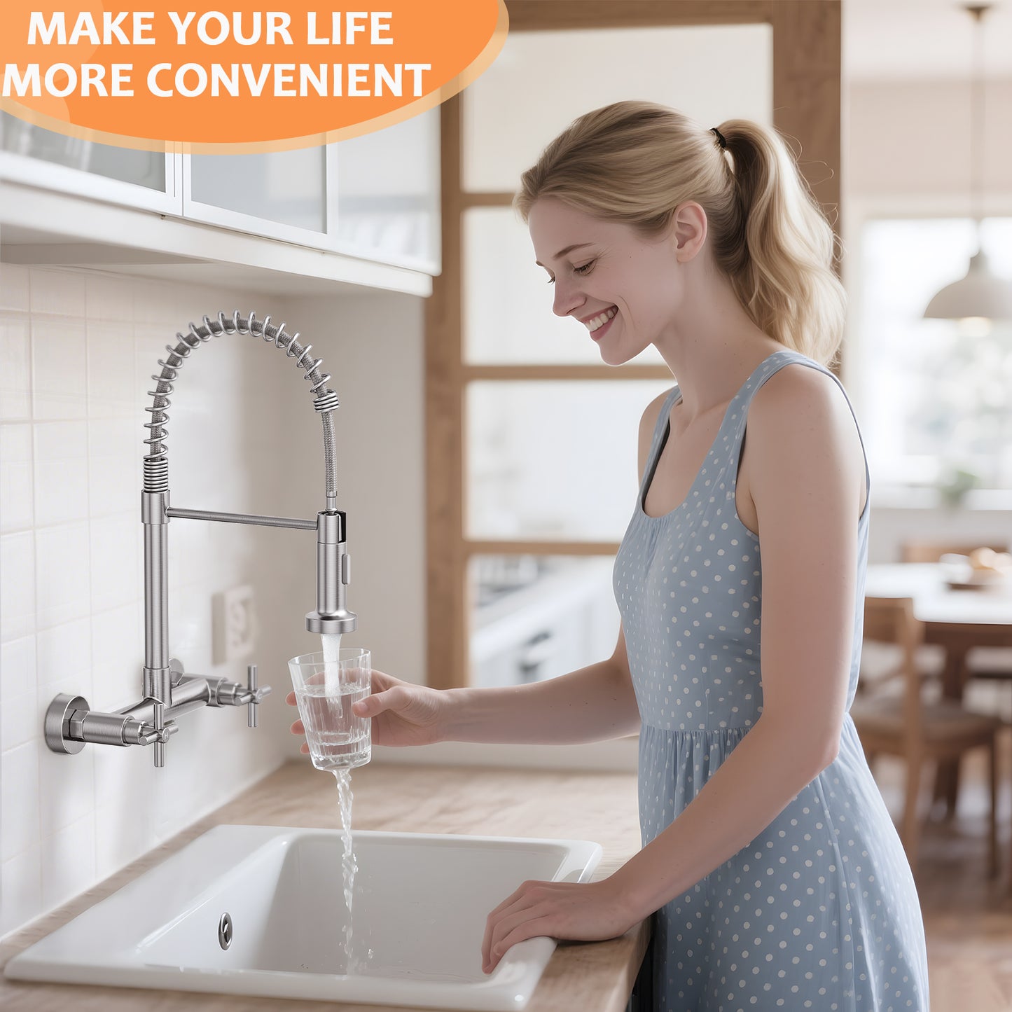 KINGTACK Wall Mount Kitchen Faucet,8 inch Commercial Sink Faucet with Sprayer, Dual Handles Utility Sink Faucet for Kitchen Laundry Restaurant,Stainless Steel