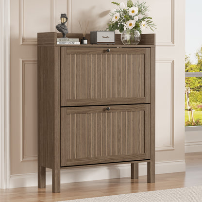 Flycity Shoe Storage Cabinet with 2 Flip Drawers, Freestanding Organizer with Open Storage, Narrow Farmhouse Shoe Rack with Legs for Entryway, Light walnut