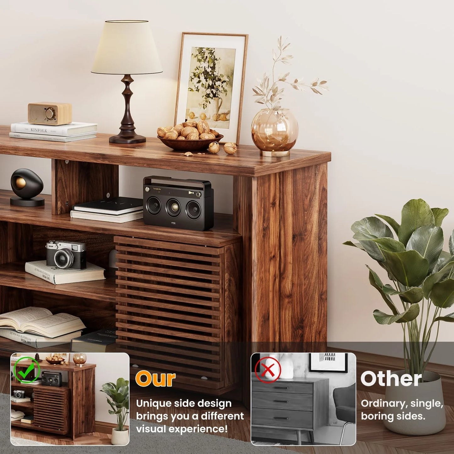 Flycity Mid Century Modern TV Stand for 55 60 65 Inch TVs, Entertainment Center with Sliding Doors & Storage, Wood Media Console for Living Room/Bedroom, Walnut Credenza TV Cabinet