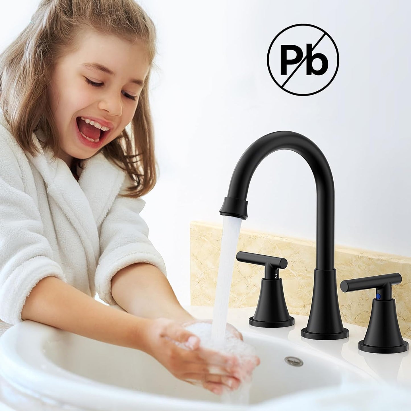 KINGTACK Bathroom Faucets, Matte Black Bathroom Faucet with Pop-up Drain and Supply Lines, Stainless Steel Lead-Free Widespread Faucet for Bathroom Sink Vanity RV Farmhouse Sink, 2 Pack