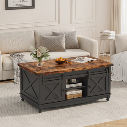 Flycity 48" Farmhouse Lift Top Coffee Table with Storage Sliding Barn Door, Lifting Tabletop Rustic Center Table with Large Hidden Compartment for Living Room, White & Brown