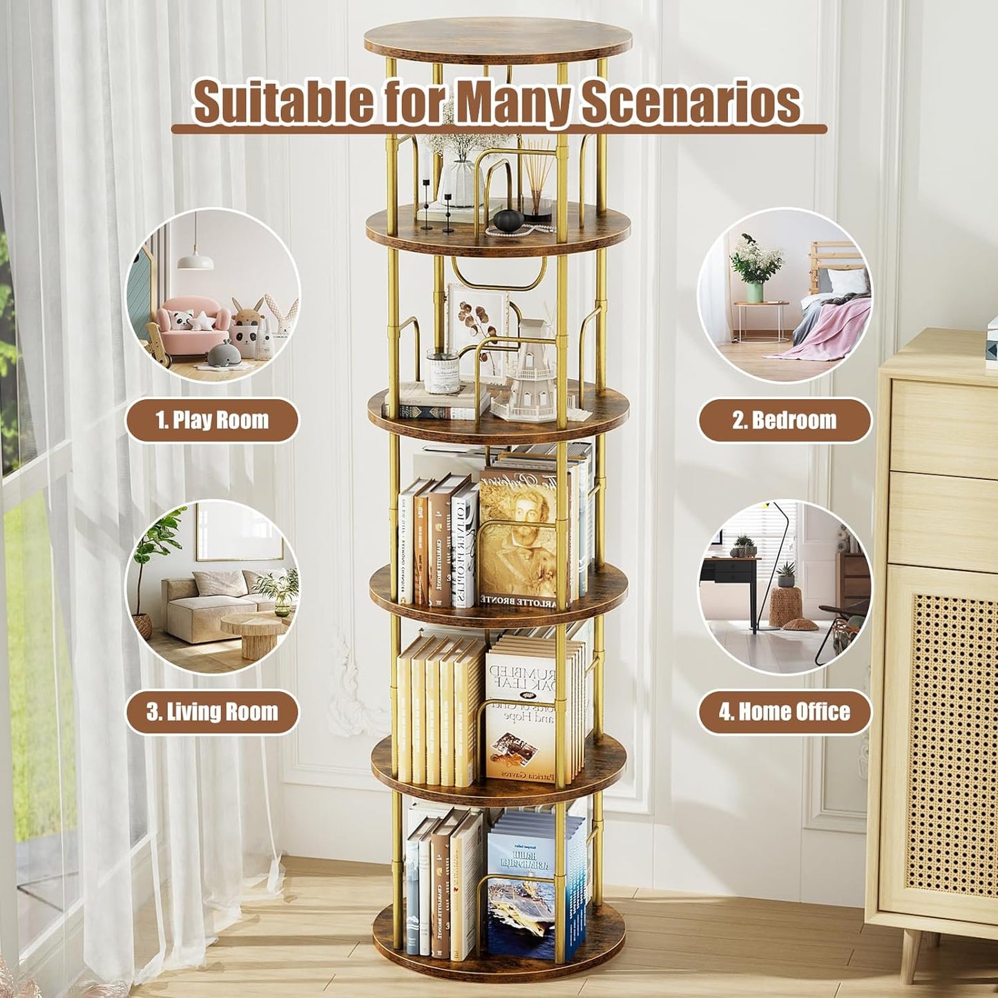 Flycity 5 Tier Rotating Bookshelf, 360° Display Rotating Bookcase Corner Storage Rack with Special Visible Partition Storage, Gold