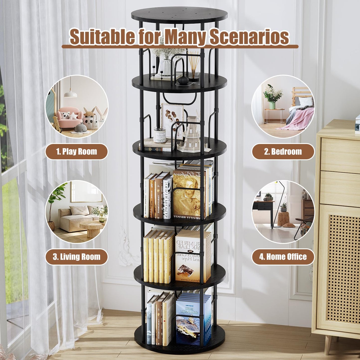 Flycity 5 Tier Rotating Bookshelf, 360° Display Rotating Bookcase Corner Storage Rack with Special Visible Partition Storage, Black