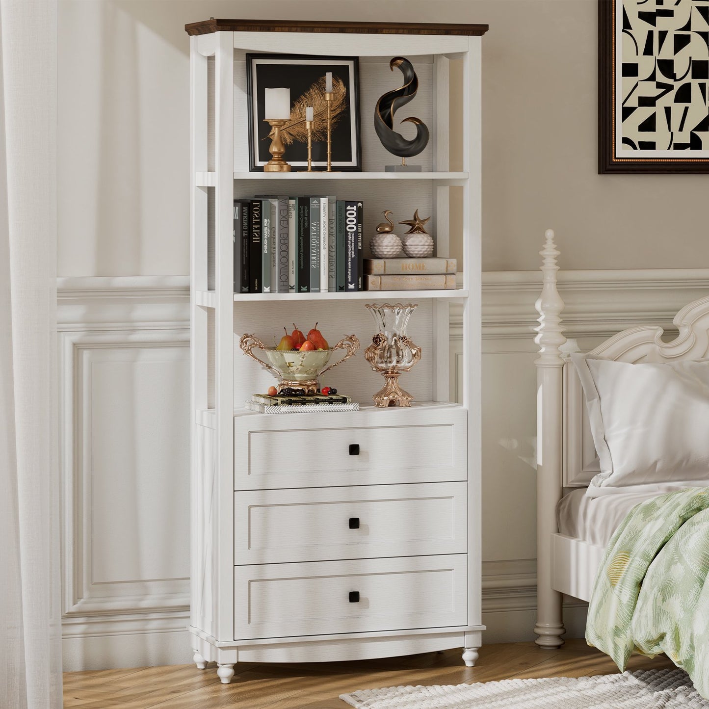 Flycity 71 Inch Tall Bookshelf, 6 Tiers Farmhouse Bookcase with Drawers and Shelves, Kitchen Storage Cabinet, Rustic Freestanding Display Bookshelves for Bedroom Living Room