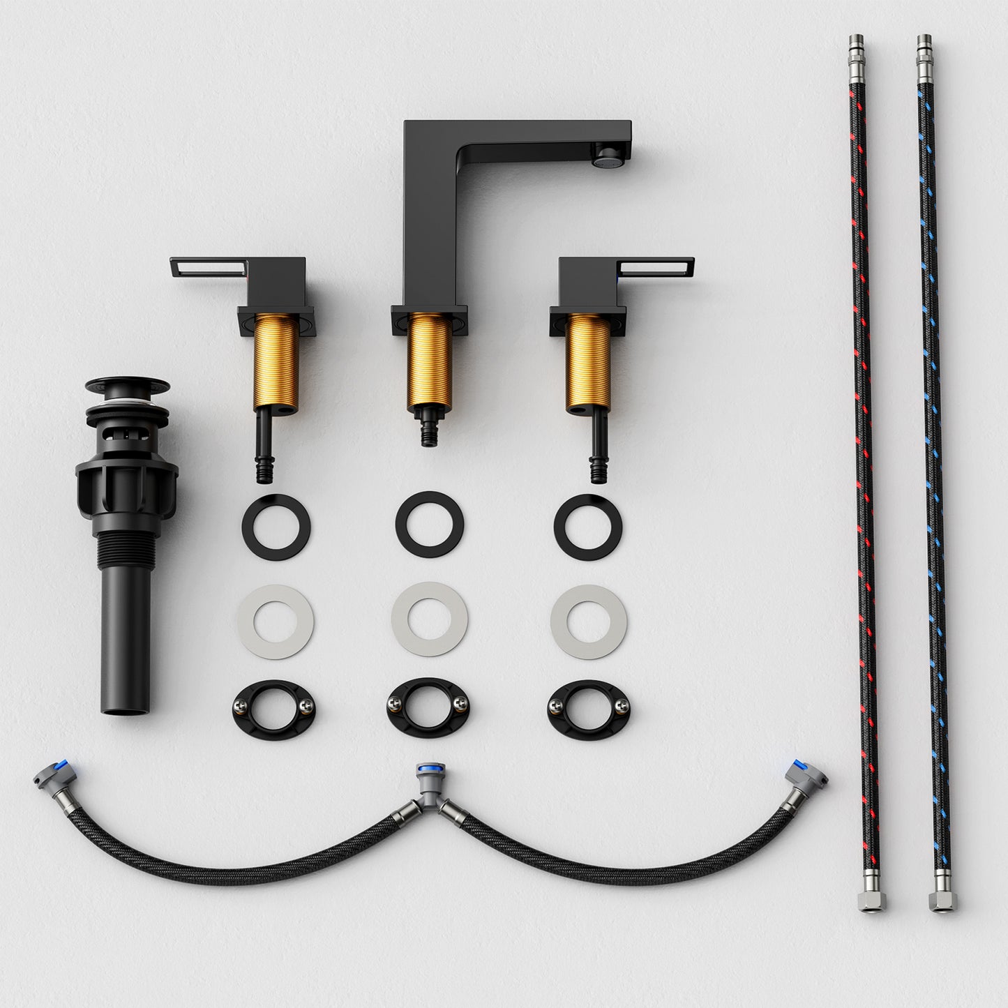 KINGTACK Matte Black Bathroom Faucet 3 Hole, 8 inch Widespread Bathroom Faucet with Pop Up Drain, 2 Handle Vanity Faucet with Water Supply Hoses