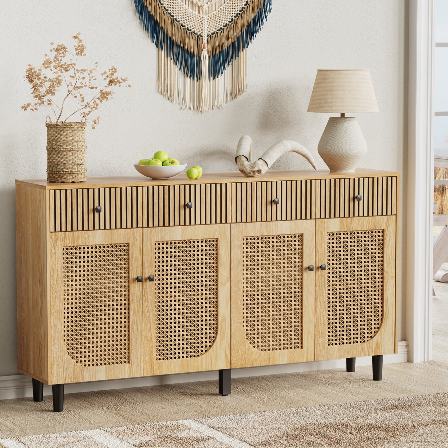 Flycity Boho Sideboard Buffet Cabinet with Rattan Doors and Drawers, Accent Credenza Storage Cabinet for Living Room, Entryway, Dining Room and Kitchen, Natural