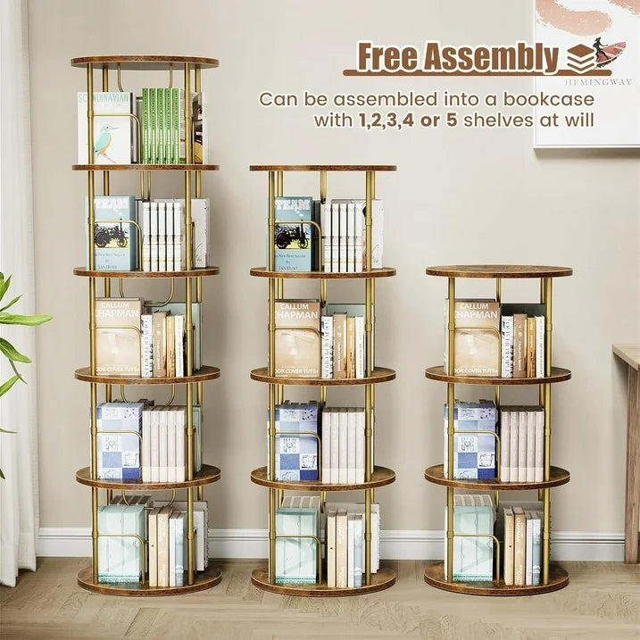 Flycity 4 Tier Rotating Bookshelf, 360° Display Rotating Bookcase Corner Storage Rack with Special Visible Partition Storage, Gold