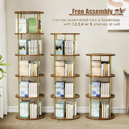 Flycity 4 Tier Rotating Bookshelf, 360° Display Rotating Bookcase Corner Storage Rack with Special Visible Partition Storage, Gold