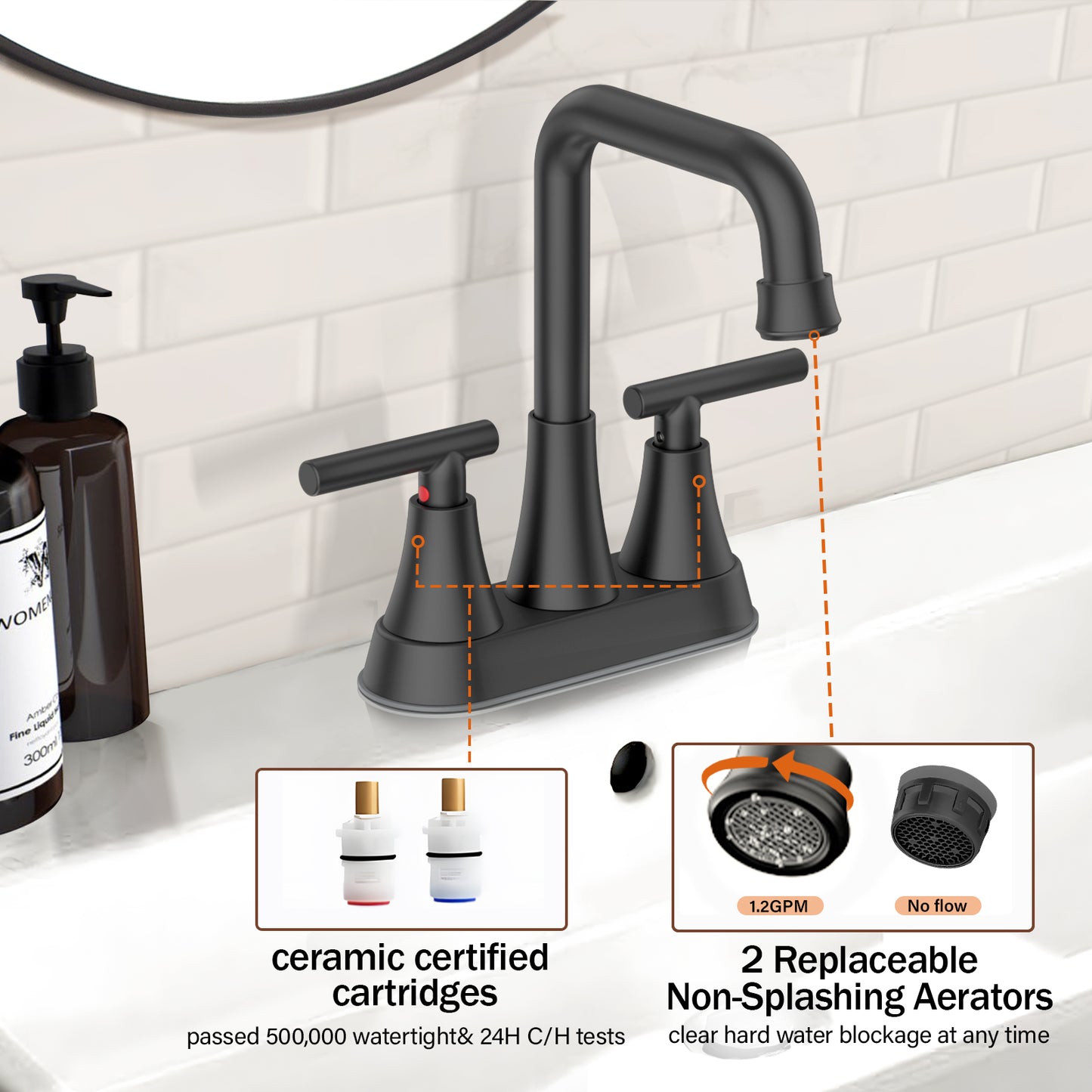 KINGTACK Bathroom Sink Faucet, 4 inch Matte Black Bathroom Faucets with Pop-up Drain and Supply Lines, Stainless Steel 2-Handle Centerset Faucet for Bathroom Faucet 3 Hole