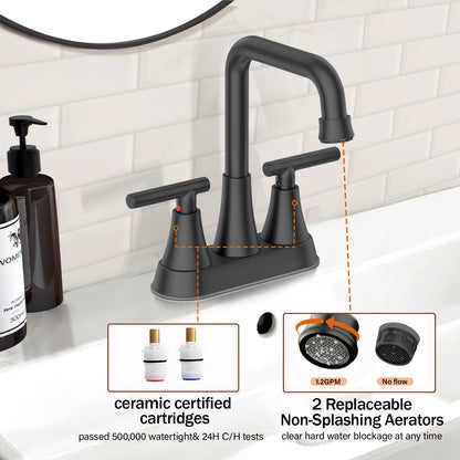 KINGTACK Bathroom Sink Faucet, 4 inch Matte Black Bathroom Faucets with Pop-up Drain and Supply Lines, Stainless Steel 2-Handle Centerset Faucet for Bathroom Faucet 3 Hole