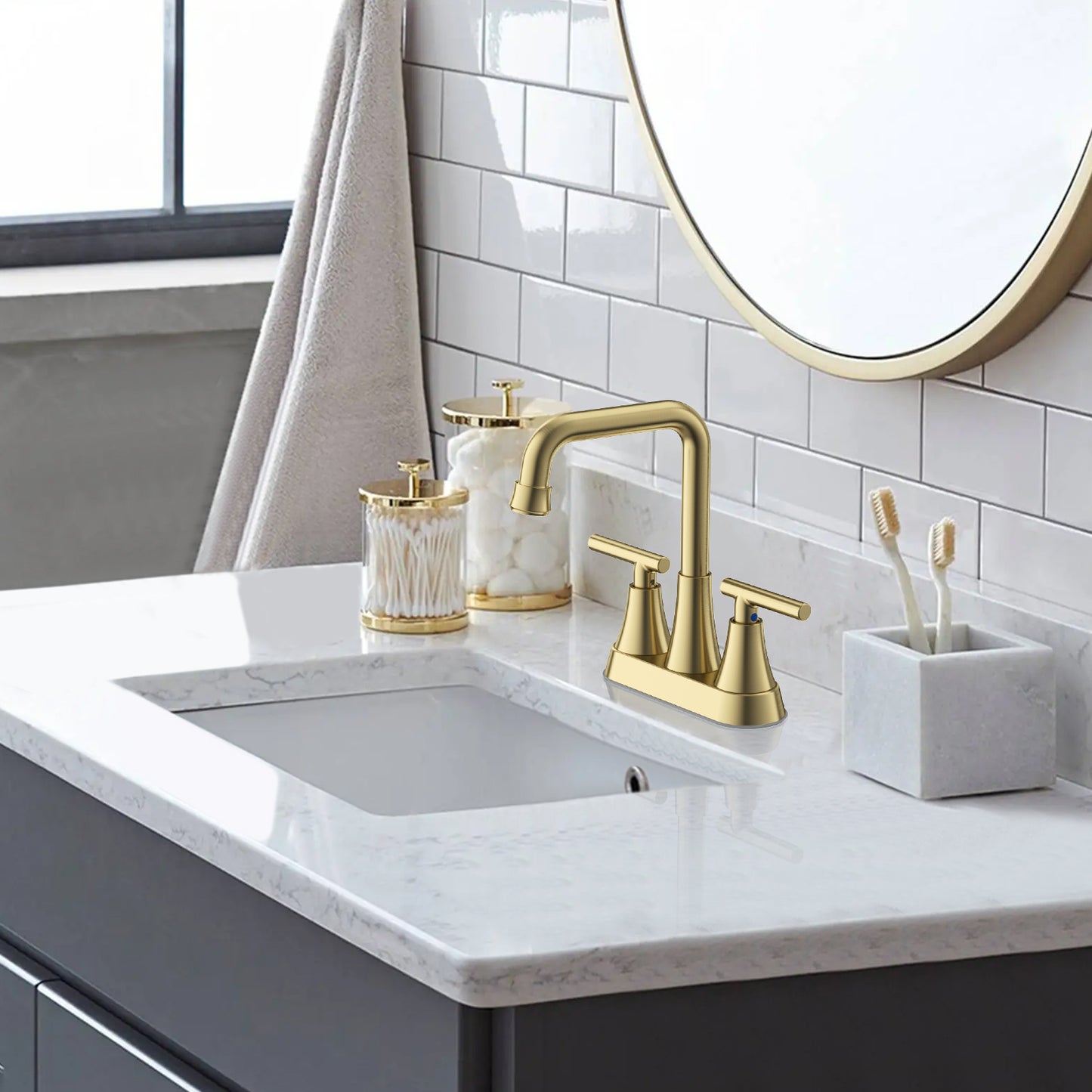 KINGTACK Bathroom Sink Faucet, 4 inch Brushed Gold Bathroom Faucets with Pop-up Drain and Supply Lines, Stainless Steel 2-Handle Centerset Faucet for Bathroom Faucet 3 Hole