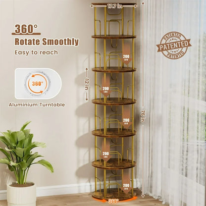 Flycity 6 Tier Rotating Bookshelf, 360° Display Rotating Bookcase Corner Storage Rack with Special Visible Partition Storage, Gold