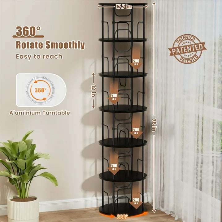 Flycity 6 Tier Rotating Bookshelf, 360° Display Rotating Bookcase Corner Storage Rack with Special Visible Partition Storage, Black