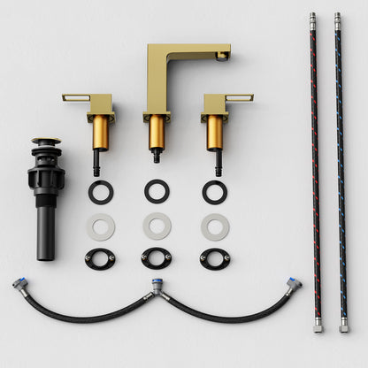 KINGTACK Bathroom Faucet for Sink 3 Hole, 8 inch Brushed Gold Bathroom Faucet with Pop Up Drain, 2 Handle Vanity Faucet with Water Supply Hoses