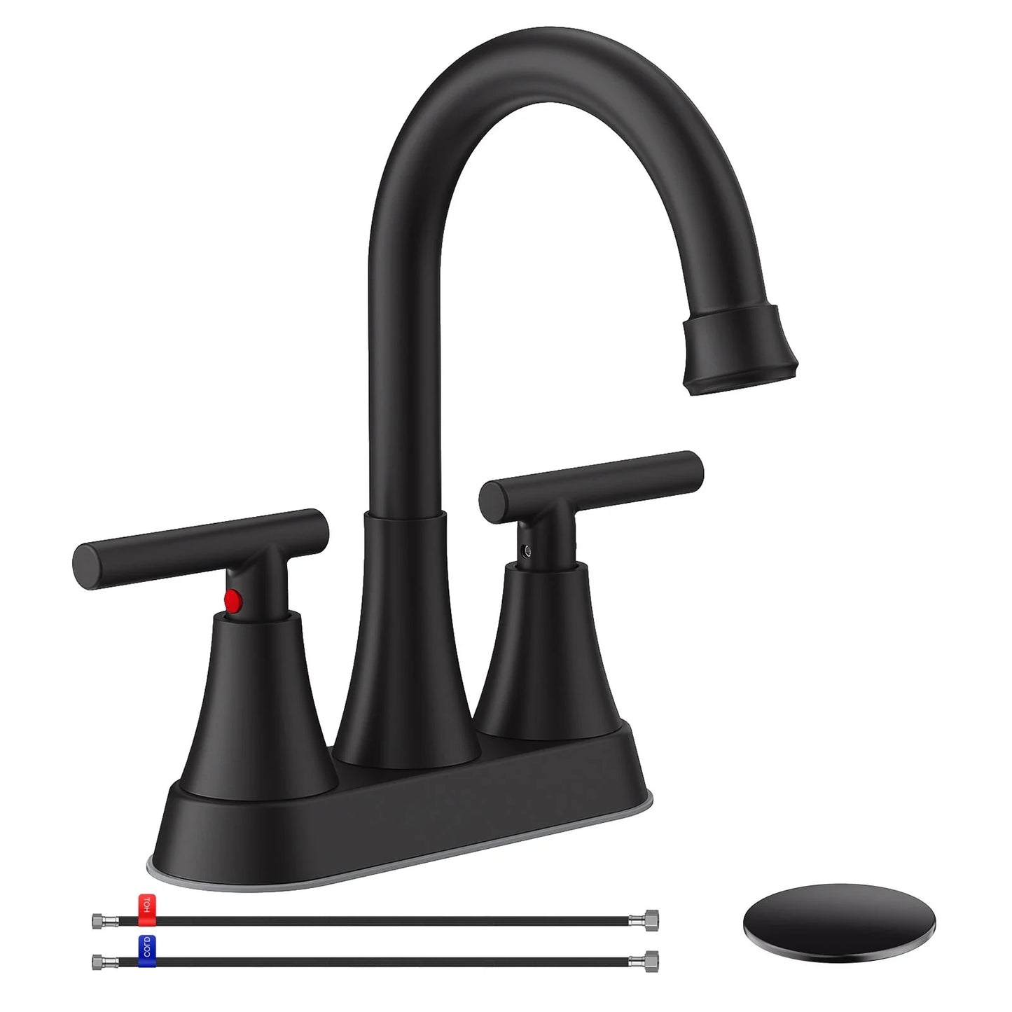 KINGTACK Bathroom Faucets 4 Inch Bathroom Sink Faucet, Stainless Steel Lead-Free 2-Handle Centerset Faucet with Pop-up Drain and 2 Supply Hoses Fits 2 or 3-hole Sink, Matte Black