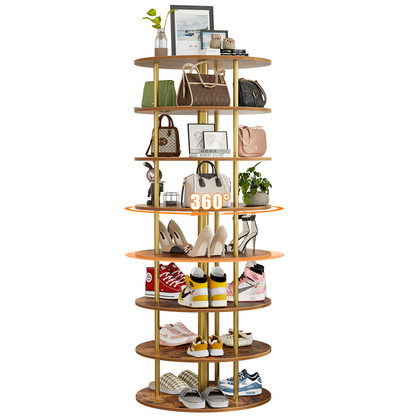 Flycity 7 Tier Rotating Shoe Rack Tower, 360° Spinning Shoe Organizer, Vertical Handbag & Shoe Carousel, Revolving Shoes Closet Storage Rack, Gold
