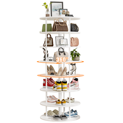 Flycity 7 Tier Rotating Shoe Rack Tower, 360° Spinning Shoe Organizer, Vertical Handbag & Shoe Carousel, Revolving Shoes Closet Storage Rack, White