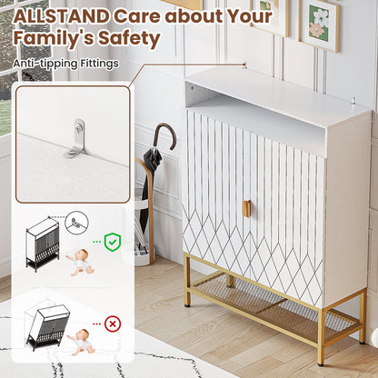 Flycity Modern Shoe Cabinet with Doors, 7-Tier Shoe Rack Organizer Cabinet with Adjustable Shelves & Buffer Hinge, Freestanding Storage with Anti-Tip Fitting for Entryway, Hallway