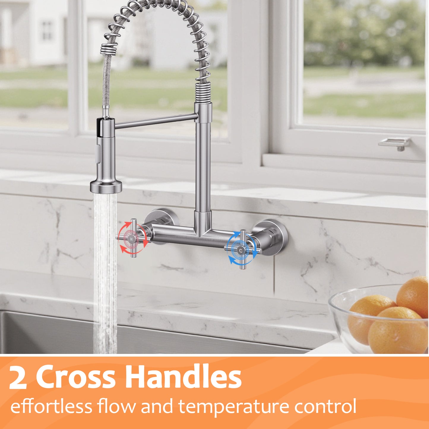 KINGTACK Wall Mount Kitchen Faucet,8 inch Commercial Sink Faucet with Sprayer, Dual Handles Utility Sink Faucet for Kitchen Laundry Restaurant,Stainless Steel