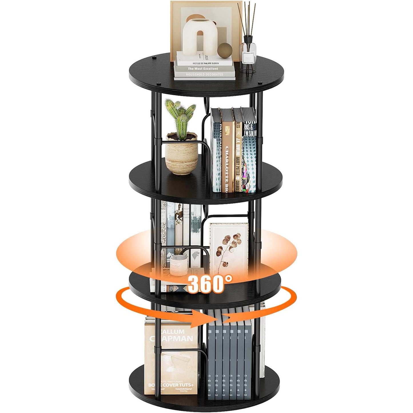 Flycity 3 Tier Rotating Bookshelf, 360° Display Rotating Bookcase Corner Storage Rack with Special Visible Partition Storage, Black