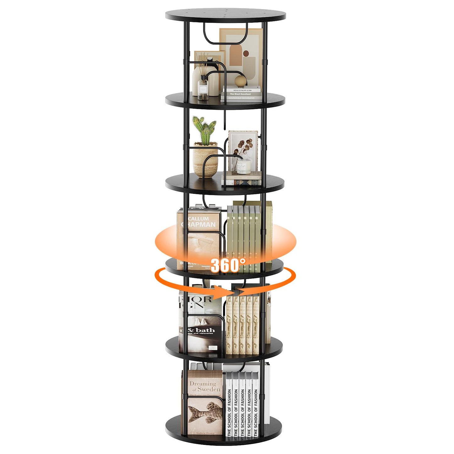 Flycity 5 Tier Rotating Bookshelf, 360° Display Rotating Bookcase Corner Storage Rack with Special Visible Partition Storage, Black