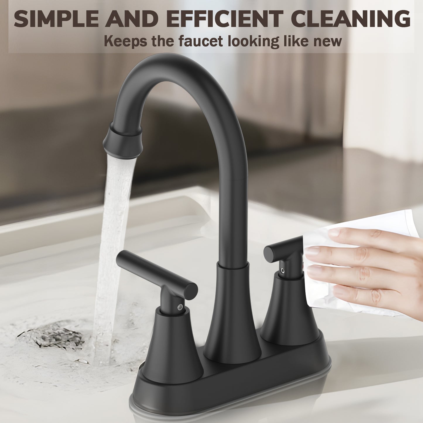 KINGTACK Bathroom Faucets 4 Inch Matte Black Bathroom Sink Faucet, Stainless Steel Lead-Free 2-Handle Centerset Faucet with Pop-up Drain and 2 Supply Hoses Fits 2 or 3-hole Sink