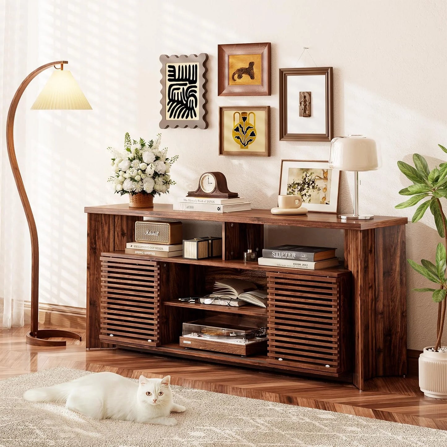 Flycity Mid Century Modern TV Stand for 55 60 65 Inch TVs, Entertainment Center with Sliding Doors & Storage, Wood Media Console for Living Room/Bedroom, Walnut Credenza TV Cabinet