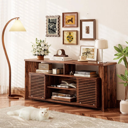 Flycity Mid Century Modern TV Stand for 55 60 65 Inch TVs, Entertainment Center with Sliding Doors & Storage, Wood Media Console for Living Room/Bedroom, Walnut Credenza TV Cabinet