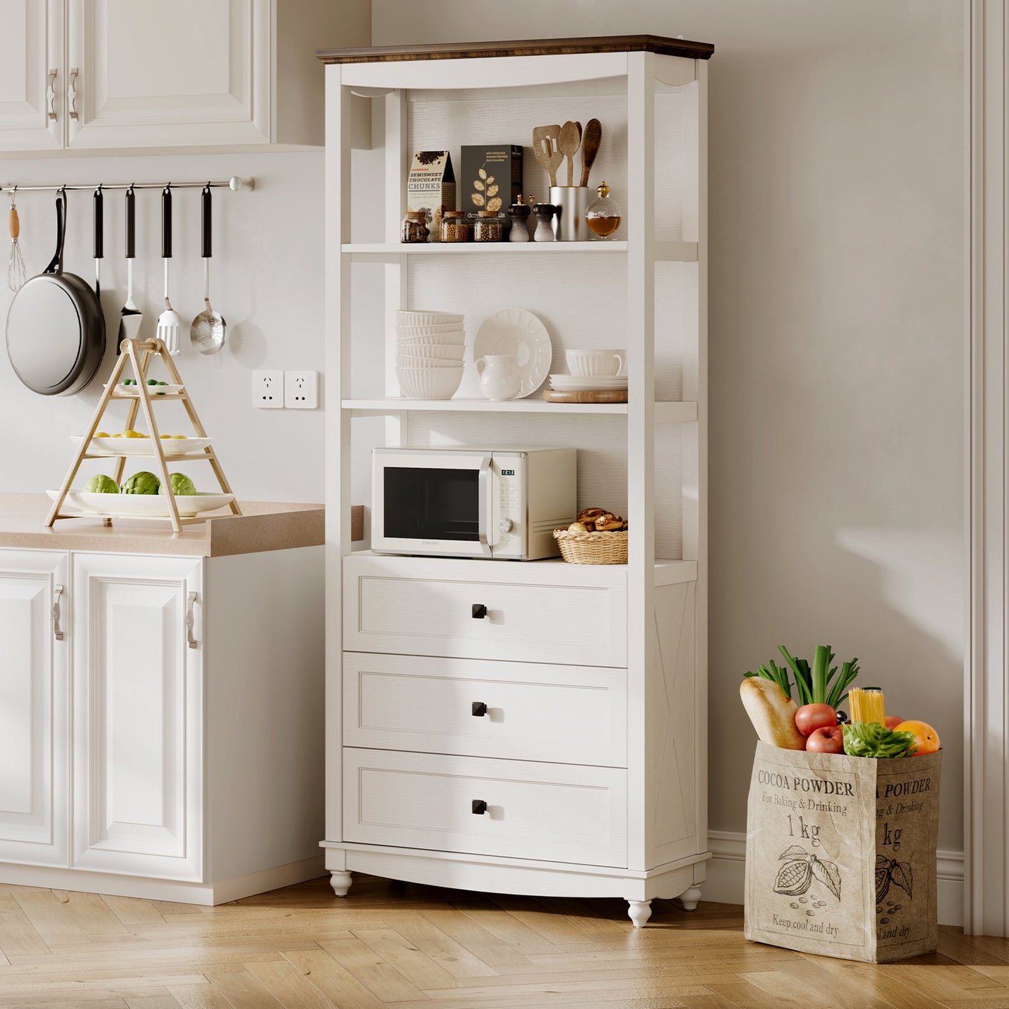 Flycity 71 Inch Tall Bookshelf, 6 Tiers Farmhouse Bookcase with Drawers and Shelves, Kitchen Storage Cabinet, Rustic Freestanding Display Bookshelves for Bedroom Living Room