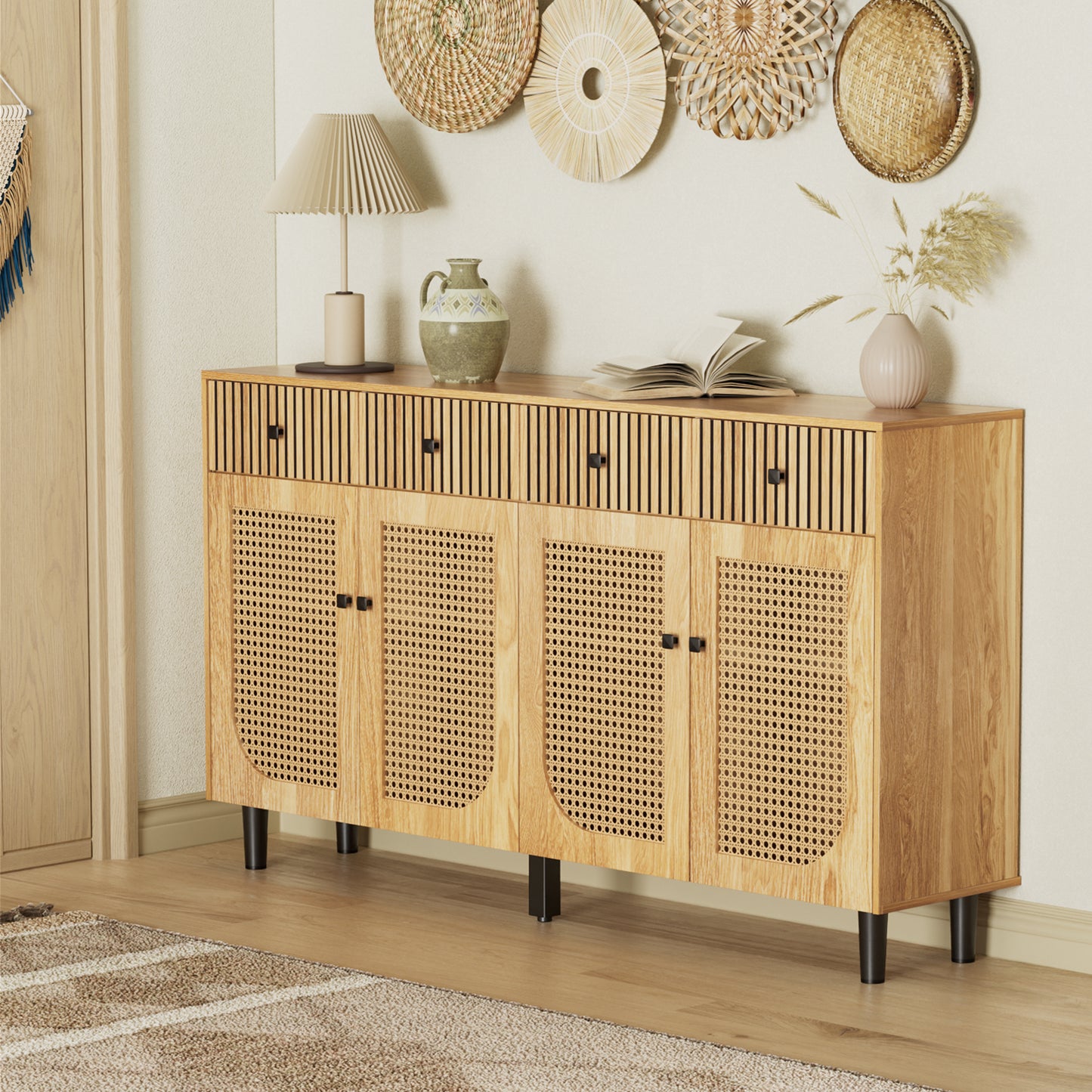 Flycity Boho Sideboard Buffet Cabinet with Rattan Doors and Drawers, Accent Credenza Storage Cabinet for Living Room, Entryway, Dining Room and Kitchen, Natural