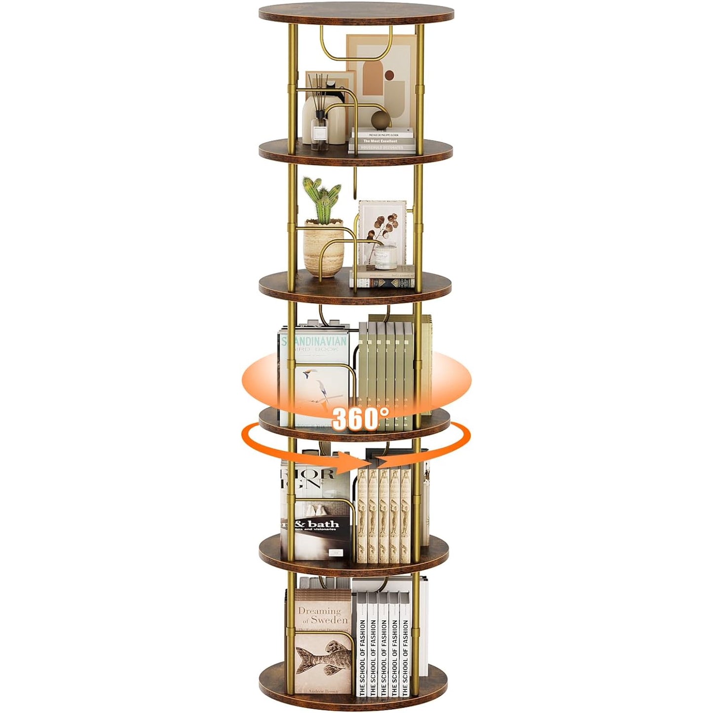 Flycity 5 Tier Rotating Bookshelf, 360° Display Rotating Bookcase Corner Storage Rack with Special Visible Partition Storage, Gold