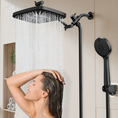 KINGTACK Shower Head Combo, 12 Inch Rain Shower Head with Adjustable Extension Arm and 5 Spray Filtered Shower Head, Black