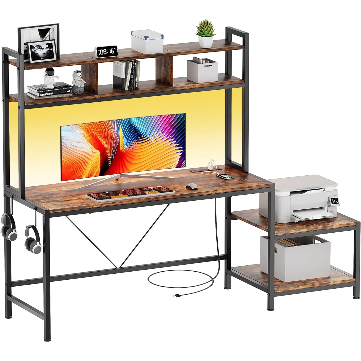 Flycity Computer Desk with Printer Stand & Hutch, 69 Inch Gaming Desk with LED Lights & Power Outlets, Home Office Desk with Storage Shelves & Hooks for Living Room, Small Spaces, Rustic Brown