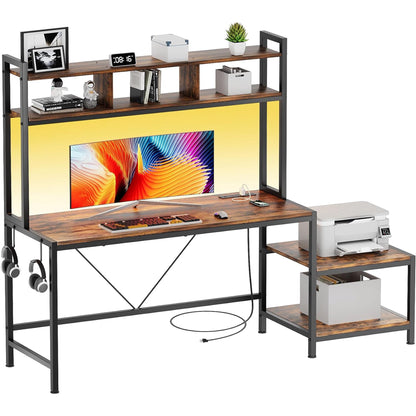 Flycity Computer Desk with Printer Stand & Hutch, 69 Inch Gaming Desk with LED Lights & Power Outlets, Home Office Desk with Storage Shelves & Hooks for Living Room, Small Spaces, Rustic Brown