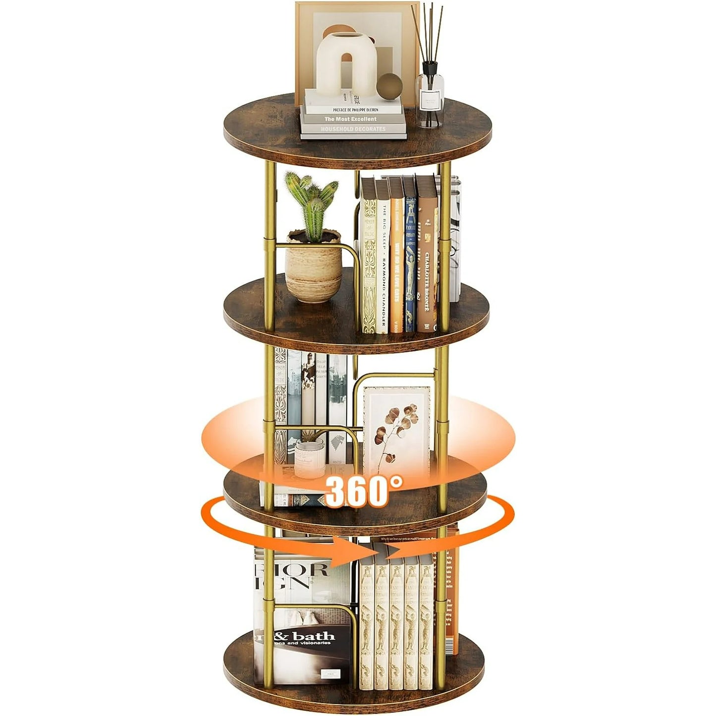 Flycity 3 Tier Rotating Bookshelf, 360° Display Rotating Bookcase Corner Storage Rack with Special Visible Partition Storage, Gold