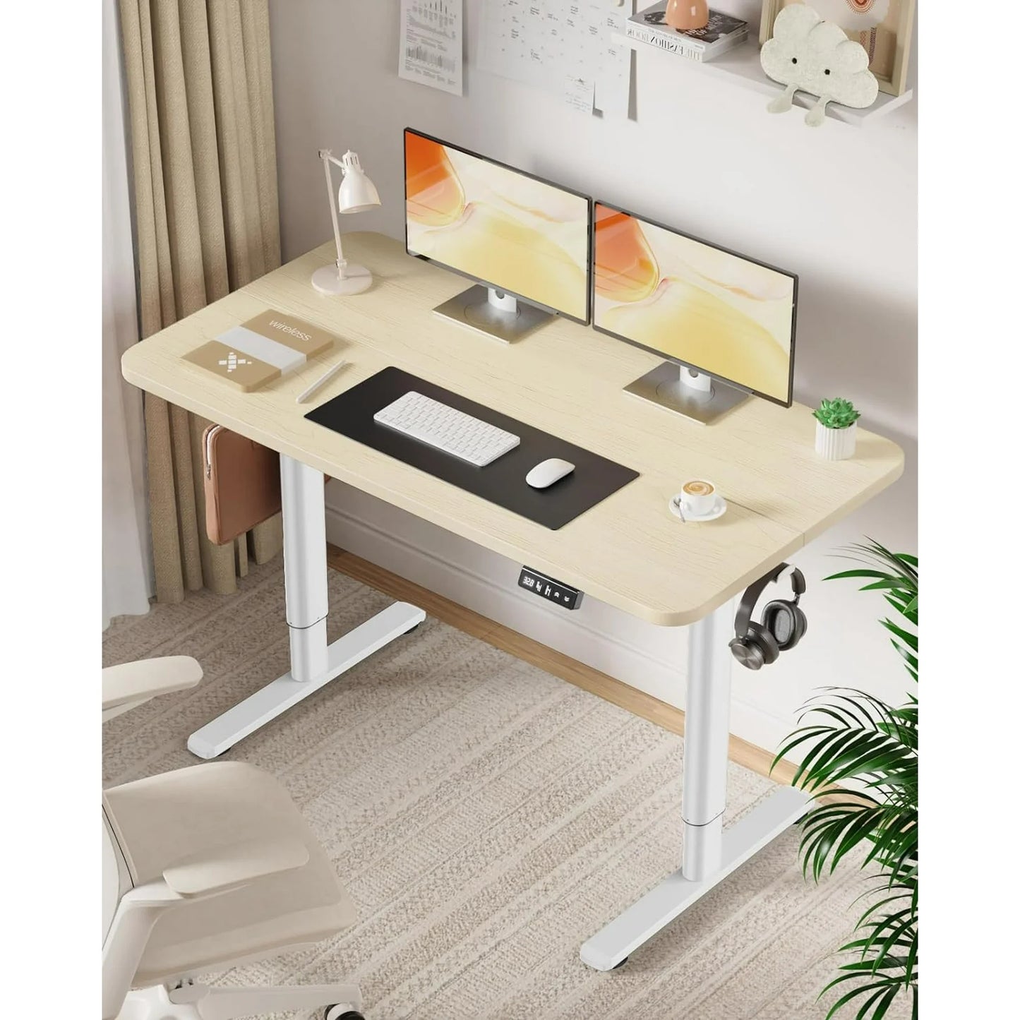 Flycity Electric Standing Desk Adjustable Height Stand Up Desk, 48" x 24" Sit Stand Desk, Low Noise Home Office Desk, Computer Desk with Splice Board, Child Lock & Memory Function, Maple