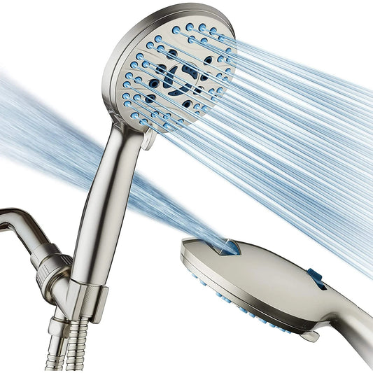 KINGTACK High Pressure 10-mode Handheld Shower Head - Anti-clog Nozzles, Built-in Power Wash to Clean Tub, Tile & Pets, Brushed Nickel