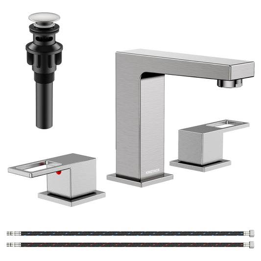 KINGTACK Bathroom Sink Faucet, 8 inch Brushed Nickel Bathroom Faucet with Pop Up Drain, 2 Handle Vanity Faucet with Water Supply Hoses