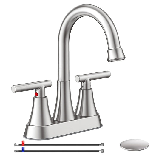 KINGTACK Bathroom Sink Faucet, 4 inch 2-Handle Bathroom Faucets with Pop-up Drain and 2 Supply Hoses, Fits 2 or 3-hole Sink, Brushed Nickel