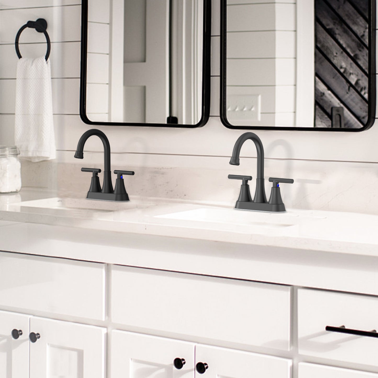 KINGTACK Bathroom Faucets 4 Inch Matte Black Bathroom Sink Faucet, Stainless Steel Lead-Free 2-Handle Centerset Faucet with Pop-up Drain and 2 Supply Hoses Fits 2 or 3-hole Sink